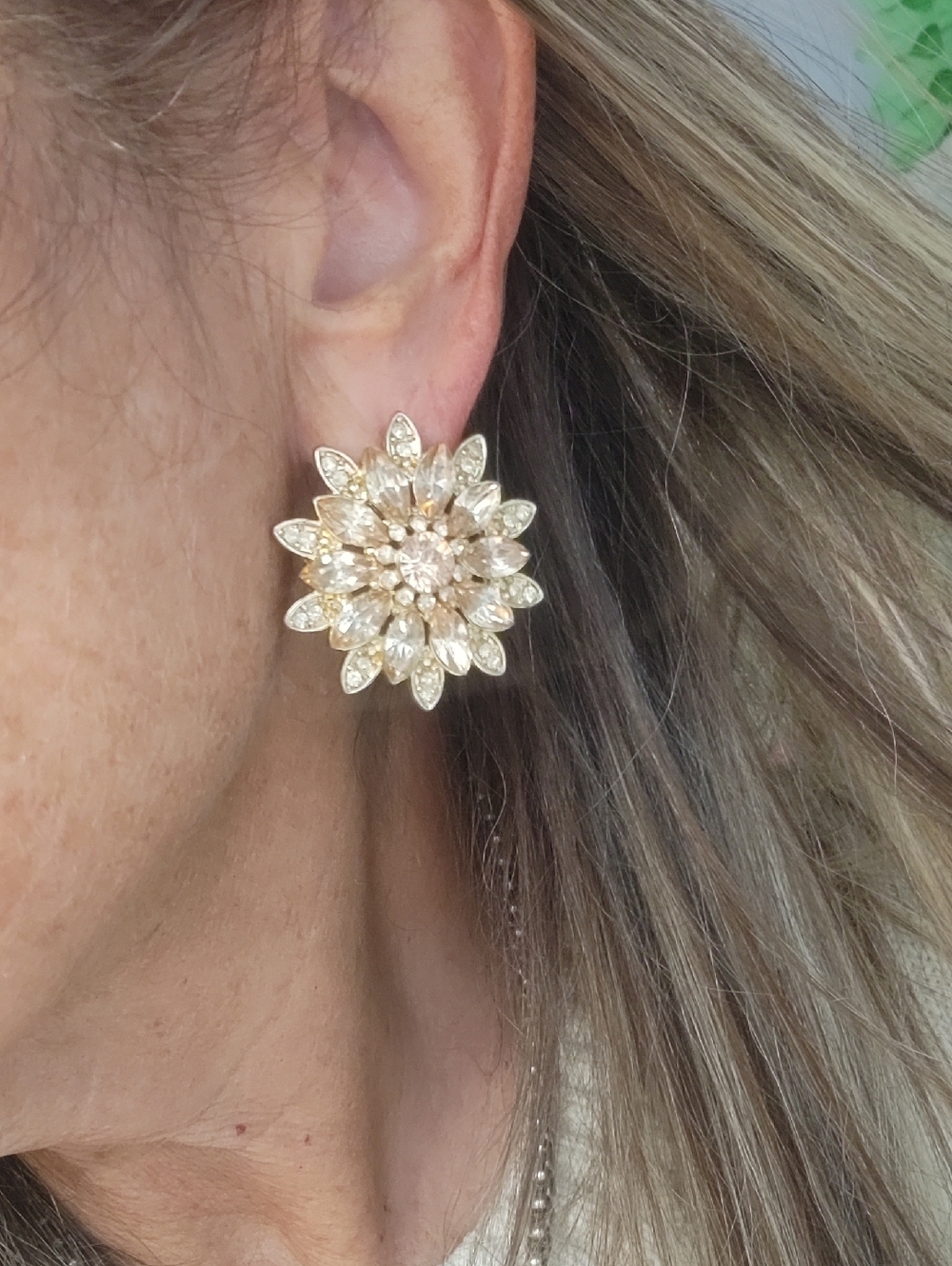 Crystal Floral Statement Earrings - Gold-Tone Champagne Sparkle - Picture 3 of 7